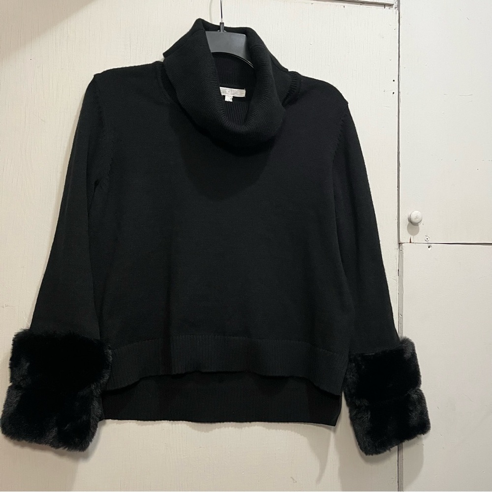 Love + Luxe: Black Turtleneck Sweater with Faux Fur Cuffs Sz L